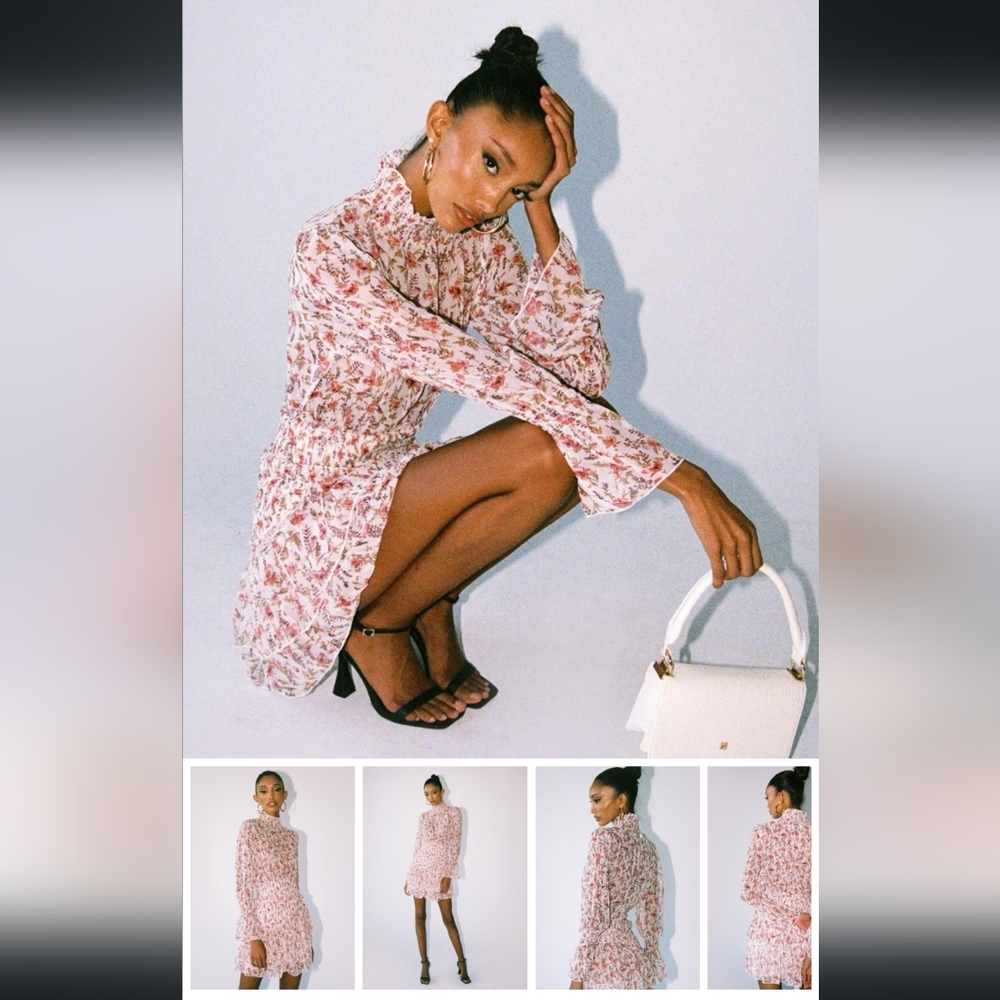 Princess Polly Guetta Mocknack Long Sleeve Mini Dress White Floral XS